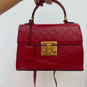 Gucci Ruby Red Embossed Leather Satchel with Gold Hardware